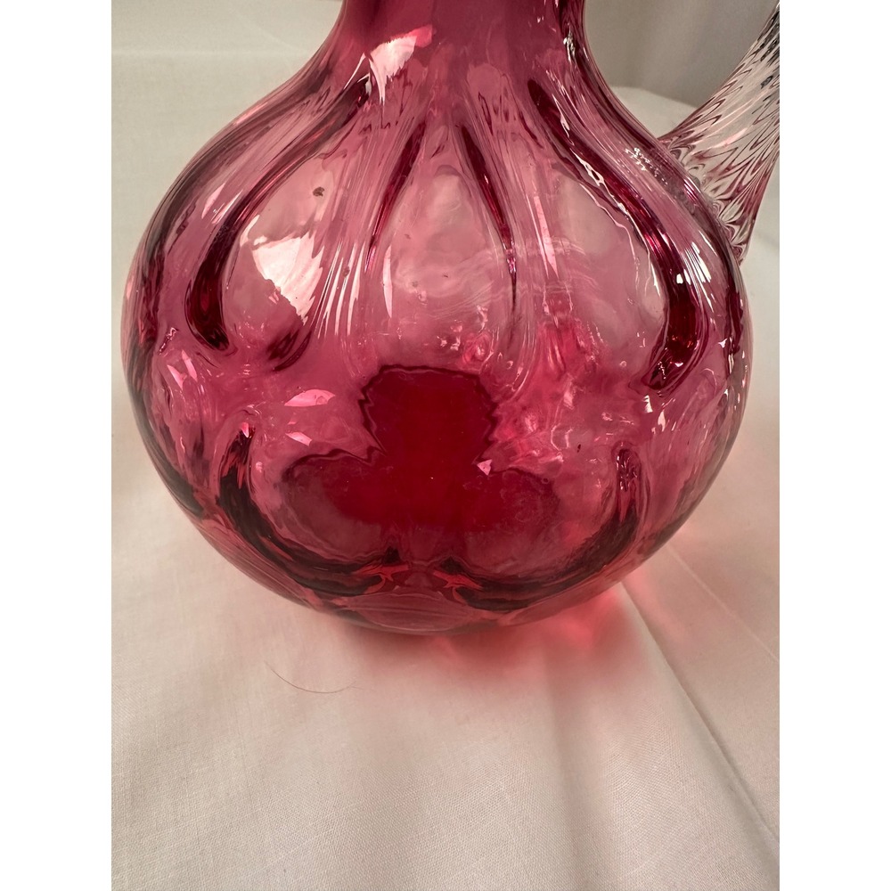 Fenton Cranberry Glass Pitcher Ruffled Rim Applied‎ Reeded Handle Optic Rib Red - Picture 2 of 13